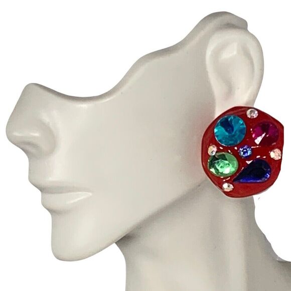 VTG Don Lin Pink Rhinestone Statement Earrings Lucite 80s Pop Art - Picture 2 of 13